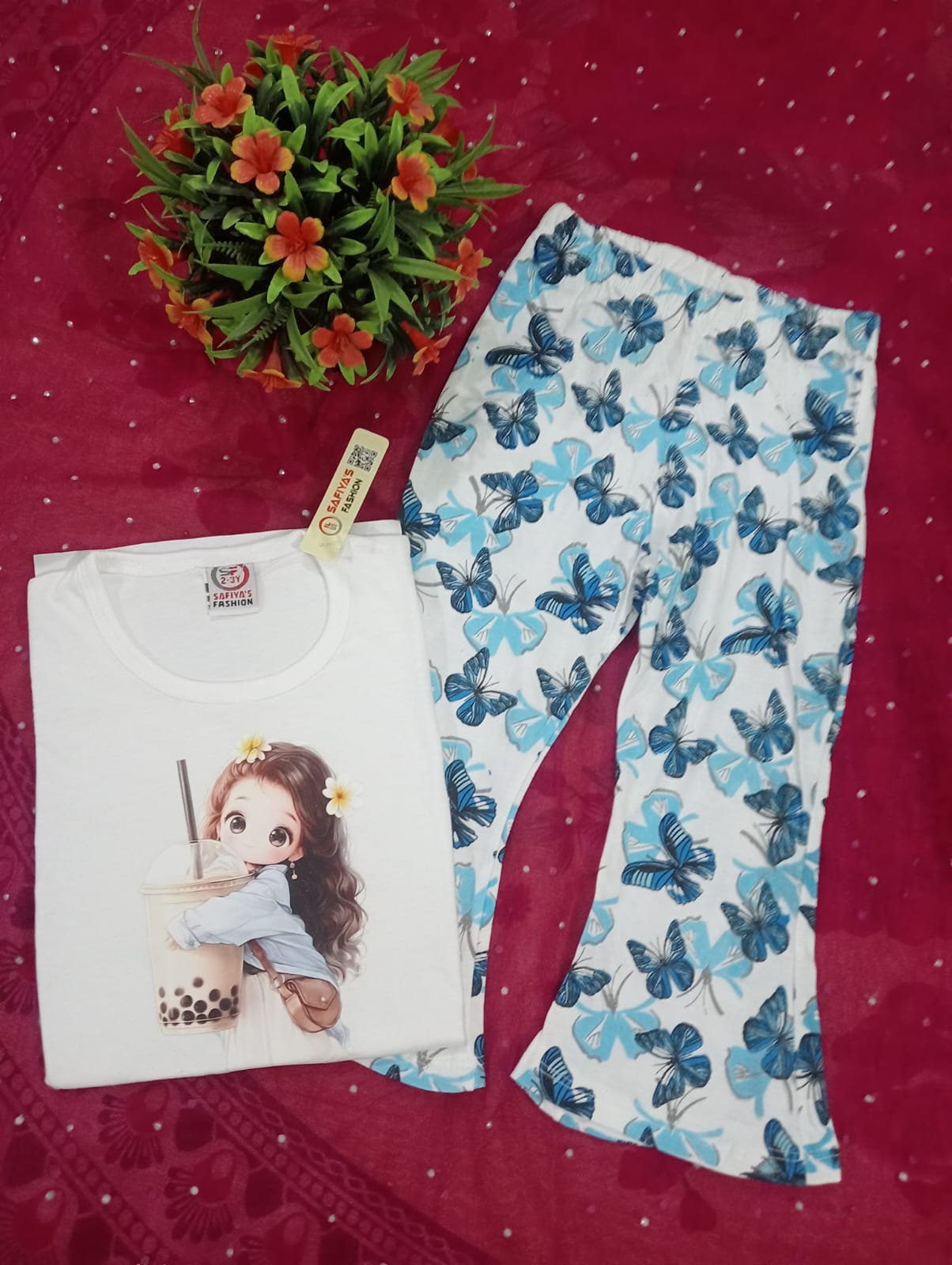 Butterfly Bubble Tea Girl Printed Girls Nightwear Set